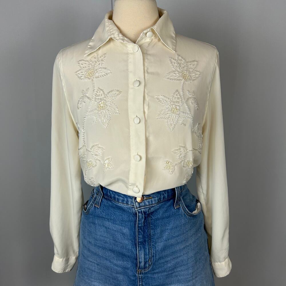 Vintage Blouse Top Size 6 Off White Floral Beaded Button Up Office Academia 90s